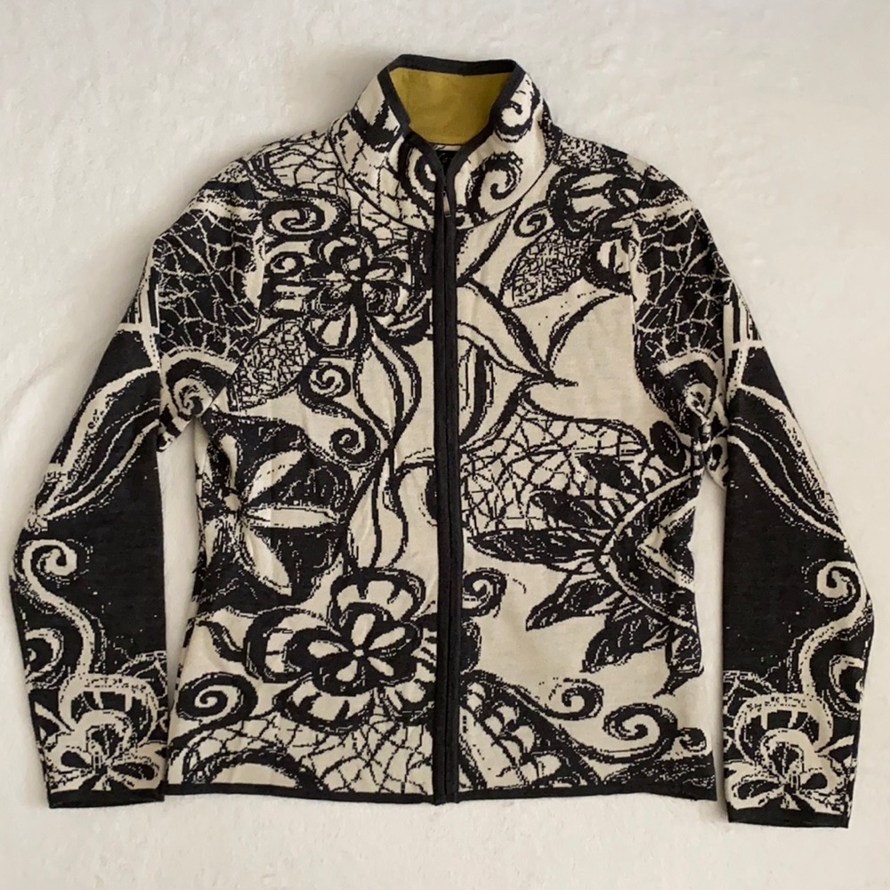 Icelandic Design | Dark Floral Art Zip Wool Blend Cardigan Mock Neck Sweater PL